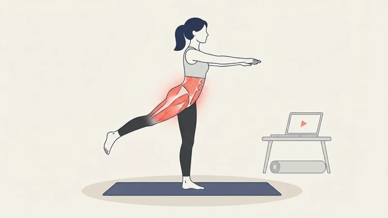 Illustration of a woman balancing on one leg on a mat in side profile facing an open laptop showing a red play triangle, with her deep abdominal and gluteal muscles highlighted in red