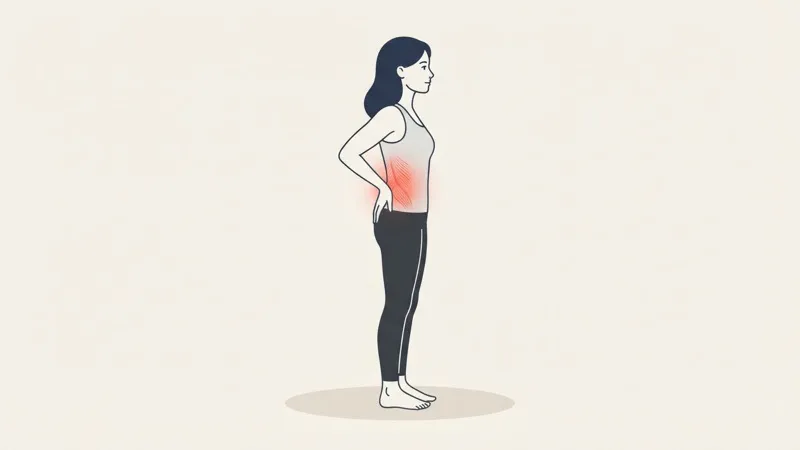 Illustration of a woman standing in side profile with one hand pressed to her lower back, the lumbar spine and deep spinal muscles highlighted in red to show the area physiotherapy treats