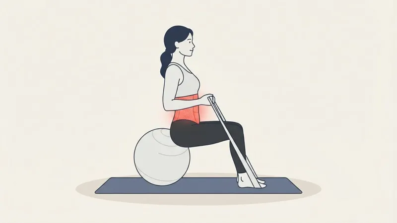 Illustration of a woman seated on a mat in side profile drawing a resistance band looped around her feet, a Swiss ball behind her and her deep abdominal muscles highlighted in red