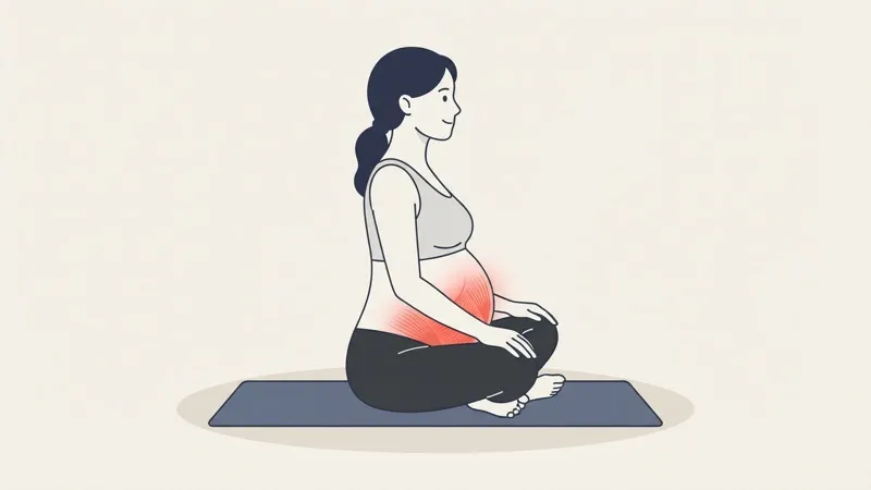 Illustration of a pregnant woman sitting cross-legged on a mat in side profile with the pelvic floor and deep lower abdominal muscles highlighted in red
