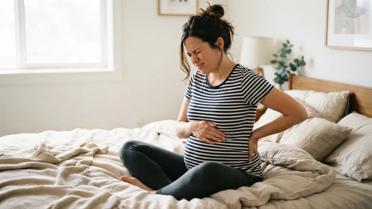 Pregnant woman in her third trimester sitting on a bed, wincing as she presses one hand to her painful lower ribs and the other to her lower back