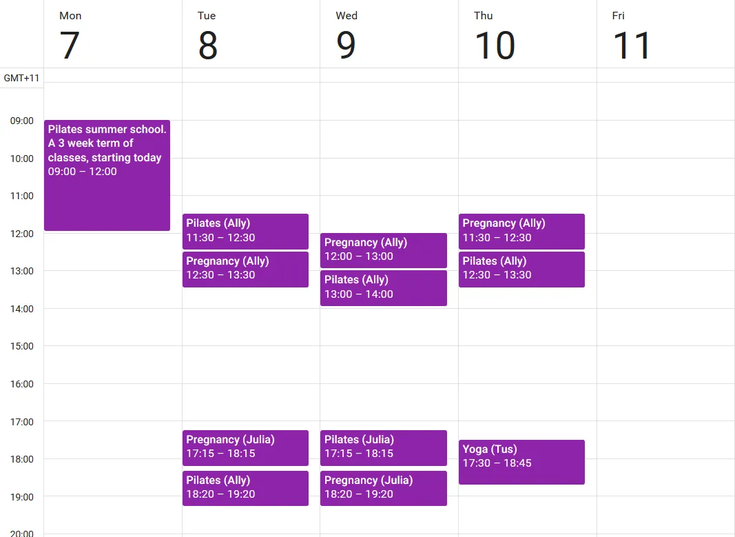 Draft January 2019 'summer school' pilates timetable