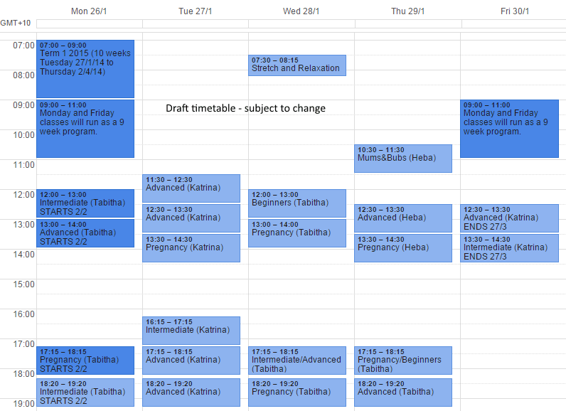 Draft Pilates Timetable Term 1 2015