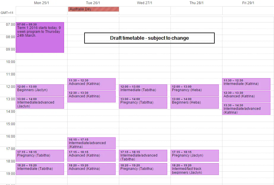 Draft Pilates Timetable Term 1 2016