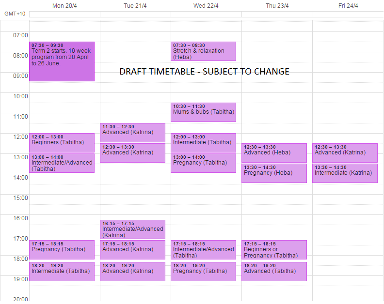 Draft Pilates Timetable Term 2 2015