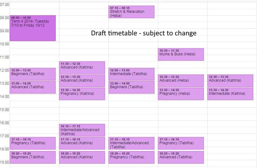 Draft Pilates Timetable Term 4 2014