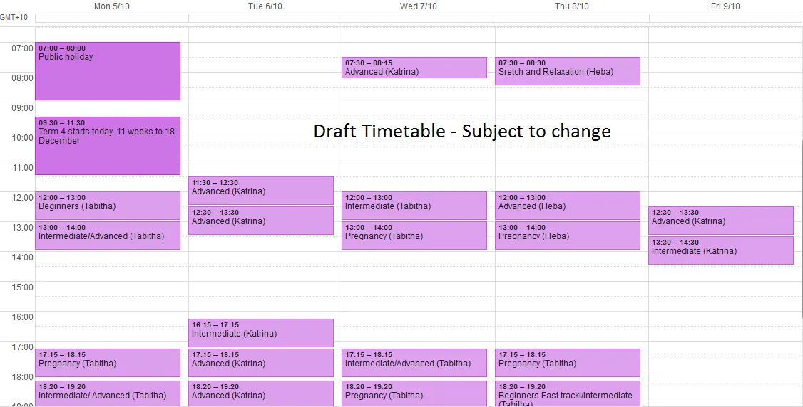 Draft Pilates Timetable Term 4 2015