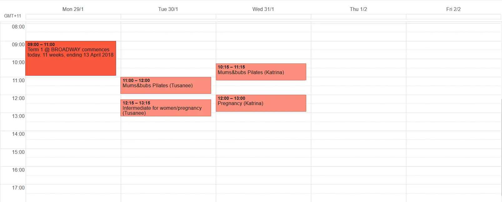 Draft Term 1 2018 Broadway Pilates timetable