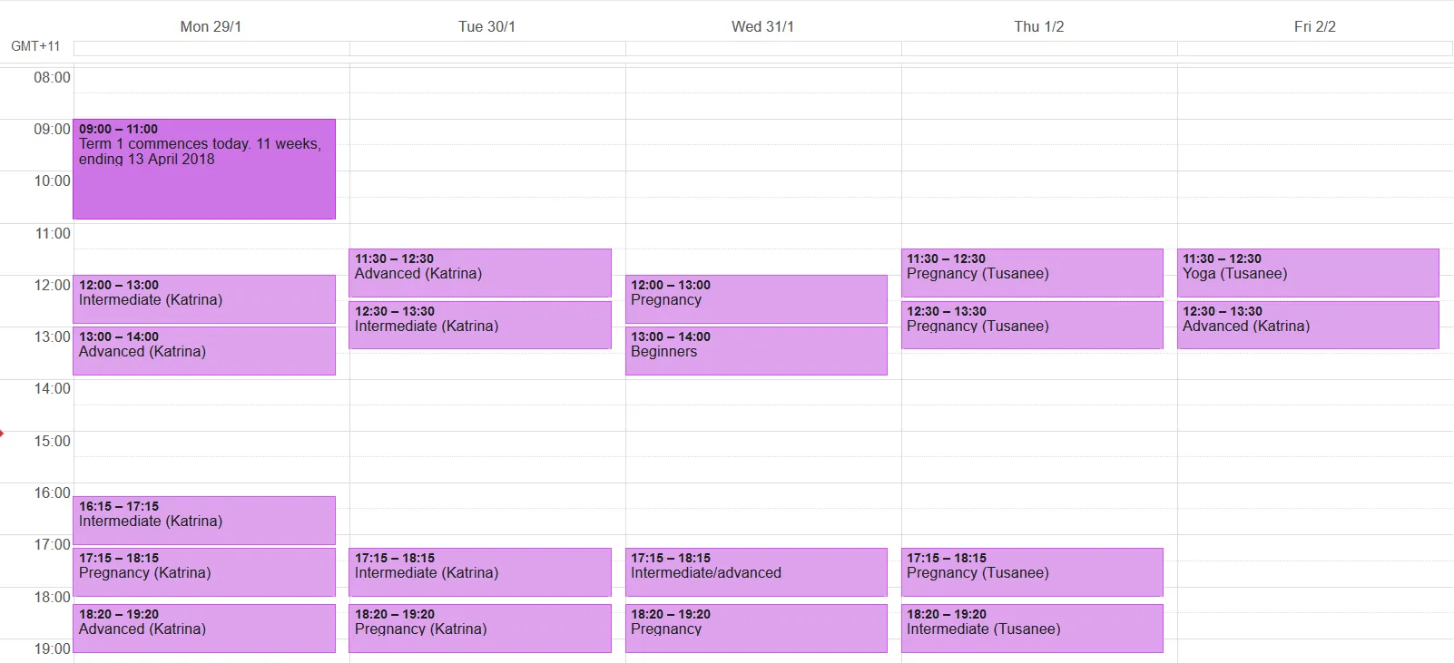 Draft Term 1 2018 CBD Pilates timetable