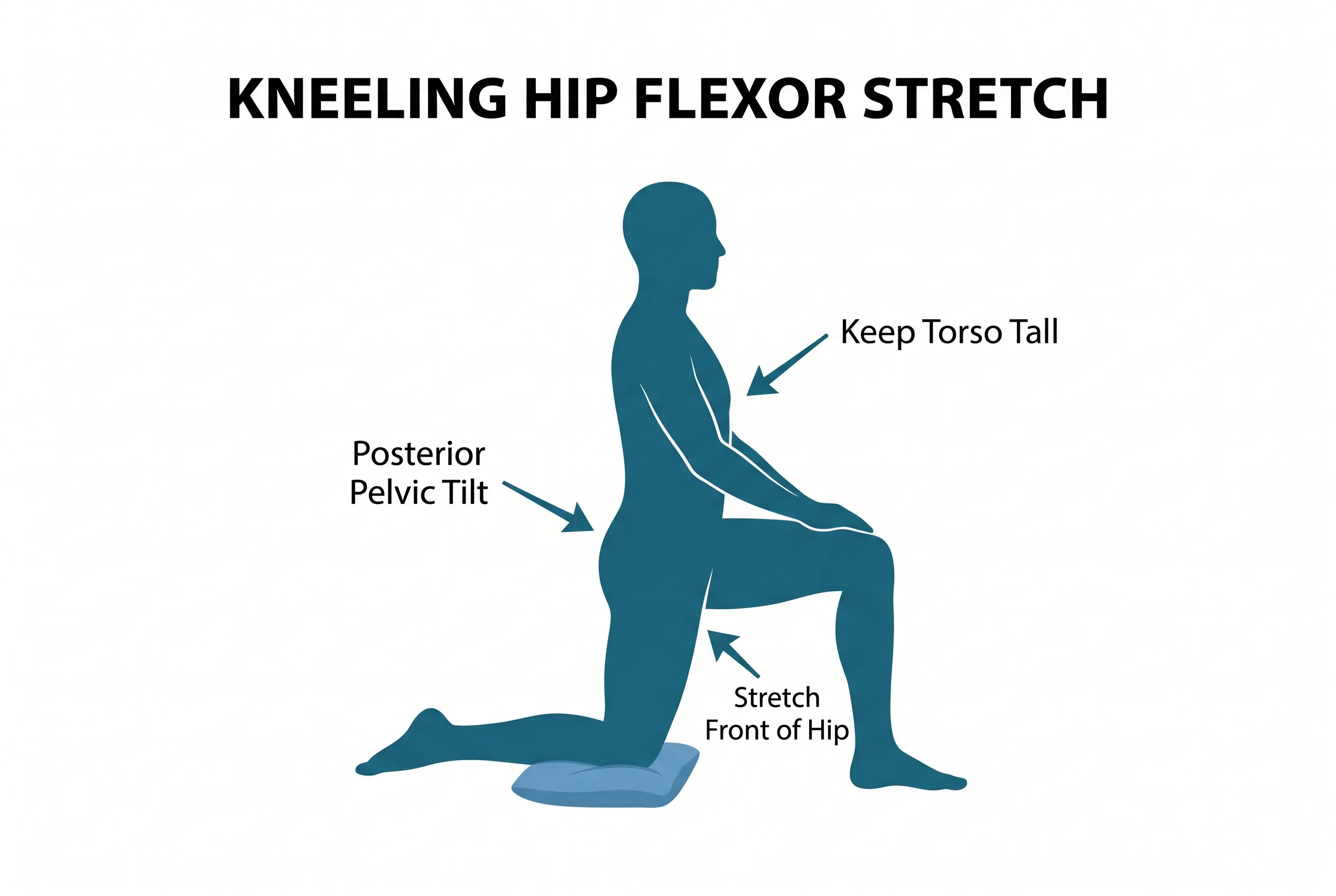Kneeling hip flexor stretch showing half-kneeling lunge position with posterior pelvic tilt