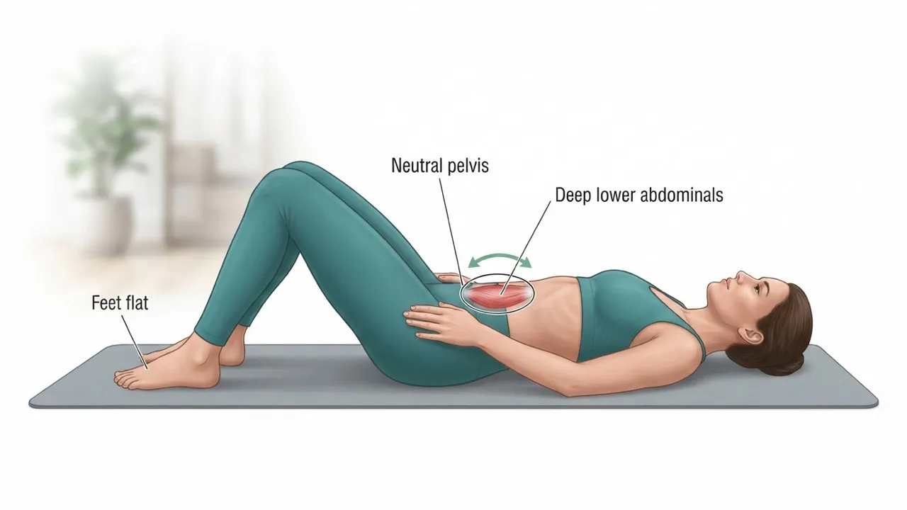 Finding neutral spine lying on the back with knees bent and feet flat, a hand resting on the lower belly and the deep lower abdominal muscles highlighted