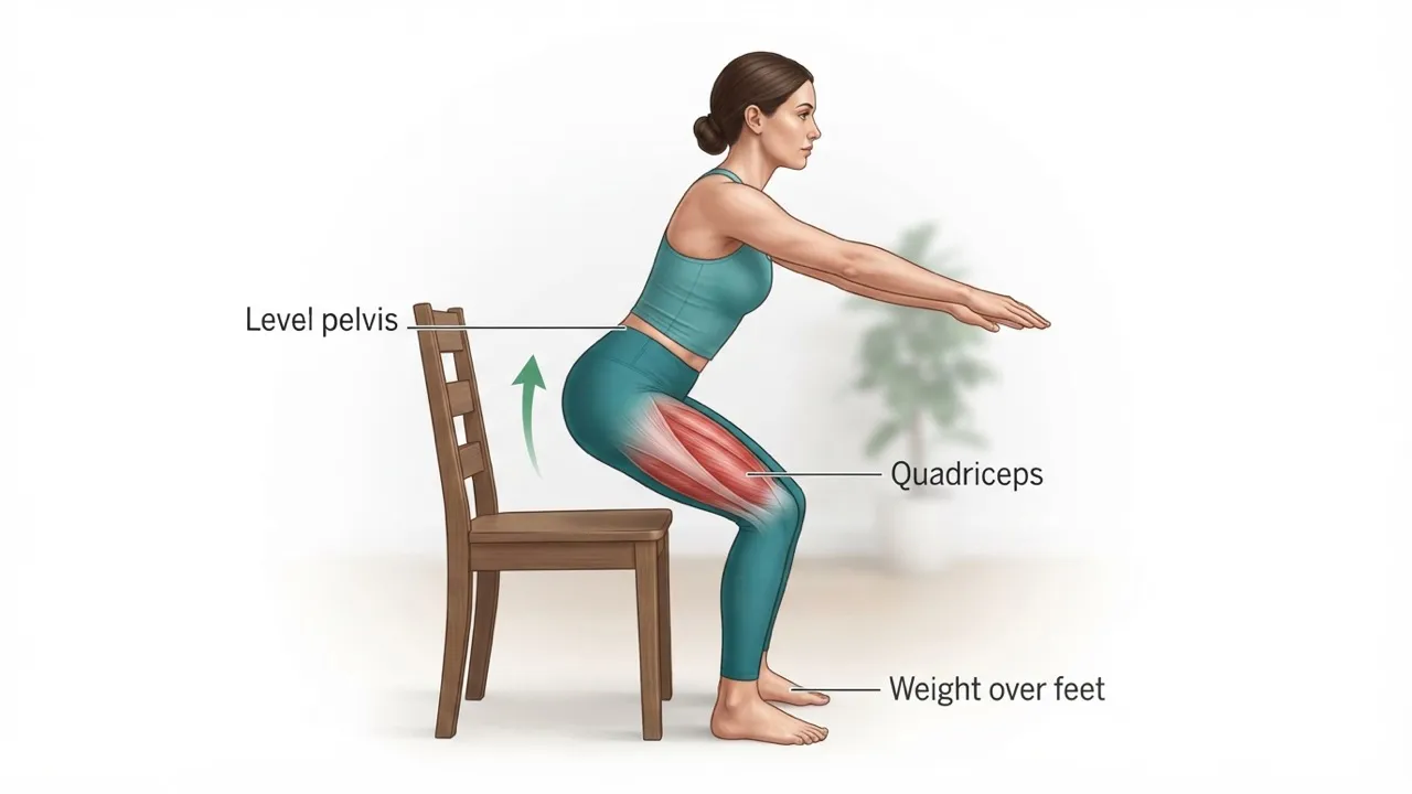 Beginner sit-to-stand: rising from a firm wooden chair with a level pelvis, weight over the feet and the quadriceps highlighted
